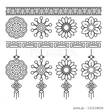 Set of Korean traditional decorative ornament patterns and border designs featuring geometric shapes intricate floral motifs and stylized knots with tassels Asian art 132128626