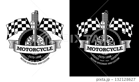 Motorcycle club or custom garage vector logo spark plug spoked wheel checkered racing flags crossed behind a ribbon banner black and white reverse versions for branding and merchandise Motorcycle club or custom garage vector logo spark plug spoked wheel checkered racing flags crossed behind a ribbon banner black and white reverse versions for branding and merchandise 132128627
