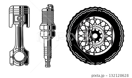 illustration of essential motorcycle garage elements piston with connecting rod spark plug detailed spoked wheel retro motor club logos custom repair shop emblems apparel design 132128628