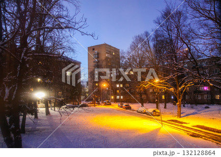 Atmospheric twilight street scene in downtown Riga. 132128864