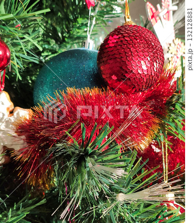 Cozy home interior with Christmas tree festive details. 132128881