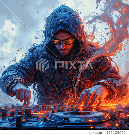 Energetic dj mixing with fiery effects. A DJ is intensely mixing tracks on a turntable. He wears a hooded jacket and reflective sunglasses, surrounded by digital fiery effects. Energetic dj mixing with fiery effects. A DJ is intensely mixing tracks on a turntable. He wears a hooded jacket and reflective sunglasses, surrounded by digital fiery effects. 132129061