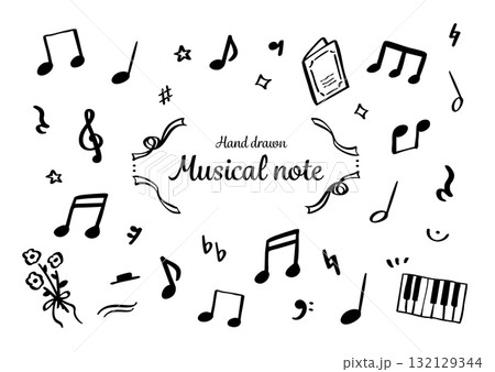 手書きのシンプルな音符と音楽記号のイラストセット 手書きのシンプルな音符と音楽記号のイラストセット 132129344