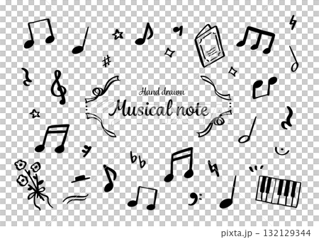 手書きのシンプルな音符と音楽記号のイラストセット 手書きのシンプルな音符と音楽記号のイラストセット 132129344