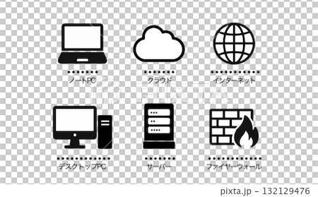 ネットワーク関係のアイコン　シンプルなイラスト　PC,クラウド,インターネット,サーバー,ファイヤー 132129476