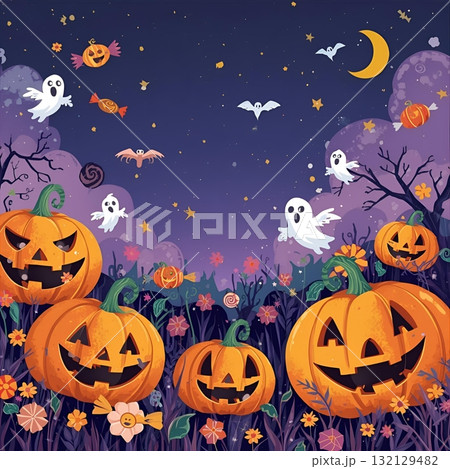 黒系のカラフルバックとコウモリとキラキラと星と飛び散るカラフル背景 132129482