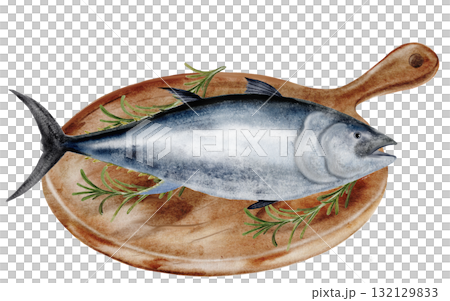 Tuna watercolor. Hand-drawn ocean fish on a white background. Food clip art. Perfect for restaurant menu recipe books and Japanese cuisine. Tuna watercolor. Hand-drawn ocean fish on a white background. Food clip art. Perfect for restaurant menu recipe books and Japanese cuisine. 132129833