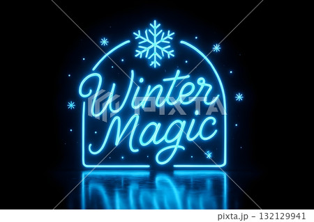 Neon blue script reading Winter Magic with snowflake icon, glowing on a dark background. Neon blue script reading Winter Magic with snowflake icon, glowing on a dark background. 132129941