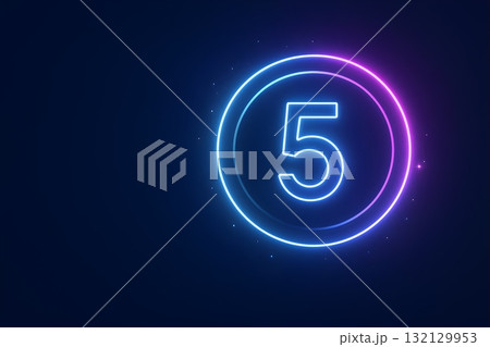 Neon glowing number 5 inside a circular outline on dark blue background with subtle particles 132129953