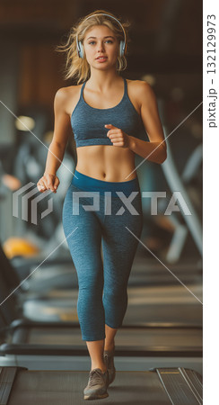 スポーツジムでヘッドフォンをつけて走る女性ランナー 132129973