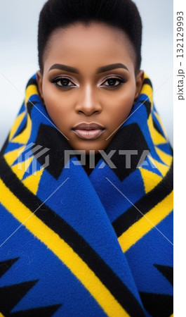 Beautiful african woman with short hair wrapped in a traditional colorful Basotho blanket Beautiful african woman with short hair wrapped in a traditional colorful Basotho blanket 132129993