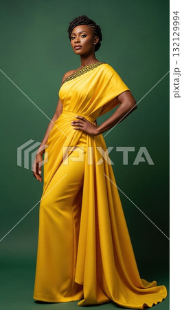 Elegant black woman in a yellow one-shoulder gown with traditional African beaded details Elegant black woman in a yellow one-shoulder gown with traditional African beaded details 132129994