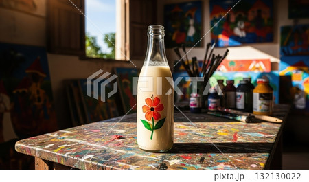 Hand-painted bottle of traditional Cremas, a Haitian drink, on a messy table in an art studio Hand-painted bottle of traditional Cremas, a Haitian drink, on a messy table in an art studio 132130022