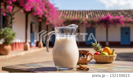 Jug of refreshing horchata with cinnamon and fresh fruits on a hacienda patio in summer Jug of refreshing horchata with cinnamon and fresh fruits on a hacienda patio in summer 132130023
