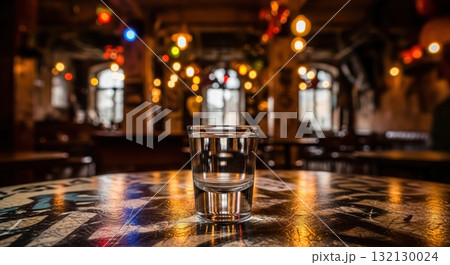 Shot of hungarian palinka a traditional fruit brandy on a table in a cozy and rustic pub Shot of hungarian palinka a traditional fruit brandy on a table in a cozy and rustic pub 132130024