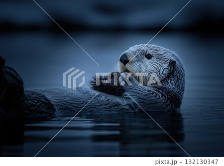 Cute sea otter floating on its back and eating a sea urchin in the cold winter ocean water 132130347