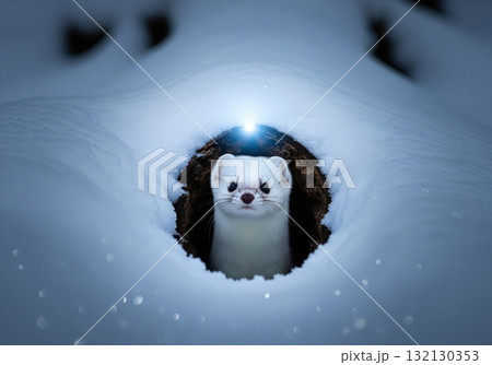 Cute white weasel peeking out of a snow hole with a magical light in a winter forest 132130353