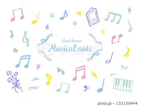 手書きのシンプルでカラフルな音符と音楽記号のイラストセット 132130444