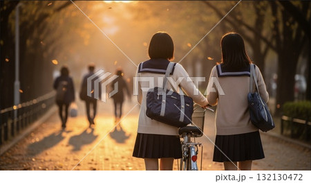 夕暮れの帰り道、自転車を押しながら歩く女子高生2人 夕暮れの帰り道、自転車を押しながら歩く女子高生2人 132130472