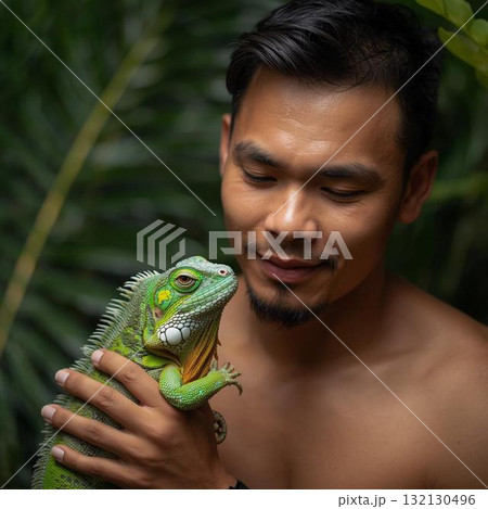 イグアナを愛でる男性 132130496