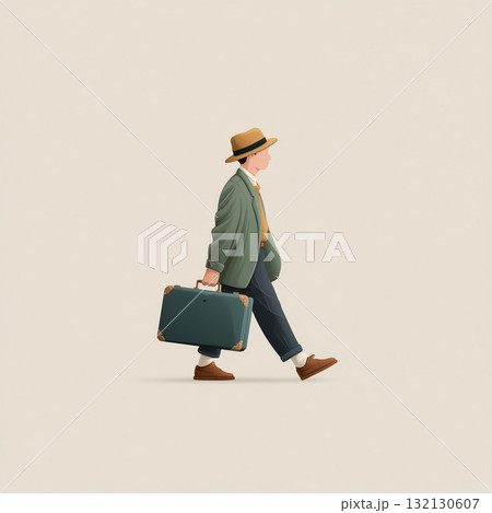 Young man in stylish attire walking with a suitcase, showcasing a sense of adventure and travel Young man in stylish attire walking with a suitcase, showcasing a sense of adventure and travel 132130607