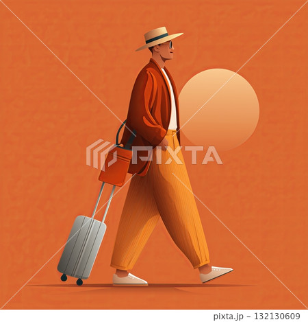 Stylish man walking with suitcase and bag against a vibrant orange background in a modern illustration 132130609