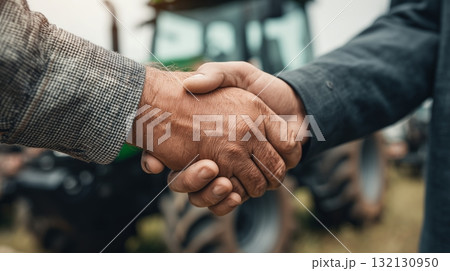 Businessmen seal agreement for purchase of farm machinery through partnership and collaboration in agribusiness setting 132130950