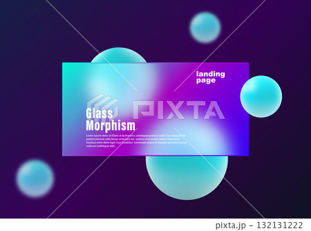 Vibrant glass morphism style banner with neon blue and purple gradient spheres and translucent panel for digital landing page design 132131222