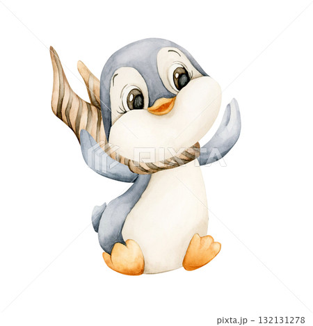 Cute Penguin with striped Scarf. Arctic North animal bird. Watercolor hand drawn illustration isolated on white background for winter design Christmas card baby textile sticker kids holiday print 132131278