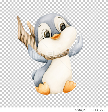 Cute Penguin with striped Scarf. Arctic North animal bird. Watercolor hand drawn illustration isolated on white background for winter design Christmas card baby textile sticker kids holiday print 132131279