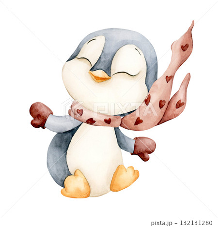 Cute Penguin with red Heart Scarf Mittens. Watercolor hand drawn illustration isolated on white background for winter design Christmas or Valentine card baby textile nursery sticker kids holiday print Cute Penguin with red Heart Scarf Mittens. Watercolor hand drawn illustration isolated on white background for winter design Christmas or Valentine card baby textile nursery sticker kids holiday print 132131280