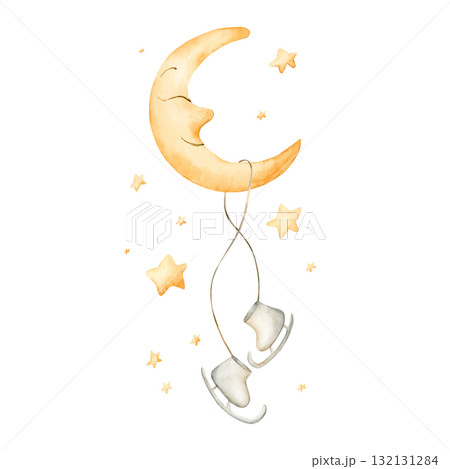 Cute ice skate hanging on the Crescent Moon with Stars. Watercolor hand drawn illustration isolated on white background for winter design Christmas card baby textile nursery sticker kids holiday print Cute ice skate hanging on the Crescent Moon with Stars. Watercolor hand drawn illustration isolated on white background for winter design Christmas card baby textile nursery sticker kids holiday print 132131284