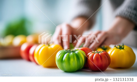 Hands arranging colorful heirloom tomatoes on a light surface in soft natural light with a blurred background 132131338