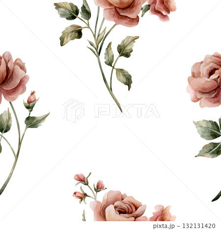 Roses with leaves seamless pattern on white background. Dusty pink garden Victorian flower. Watercolor hand painted floral illustration for wedding design home textile fabric cosmetic package wrapping Roses with leaves seamless pattern on white background. Dusty pink garden Victorian flower. Watercolor hand painted floral illustration for wedding design home textile fabric cosmetic package wrapping 132131420