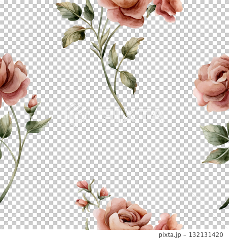 Roses with leaves seamless pattern on white background. Dusty pink garden Victorian flower. Watercolor hand painted floral illustration for wedding design home textile fabric cosmetic package wrapping Roses with leaves seamless pattern on white background. Dusty pink garden Victorian flower. Watercolor hand painted floral illustration for wedding design home textile fabric cosmetic package wrapping 132131420
