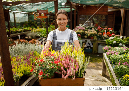 Dedicated Flower Shop Worker in a Beautifully Blooming Garden of Vibrant Colors and Life Dedicated Flower Shop Worker in a Beautifully Blooming Garden of Vibrant Colors and Life 132131644