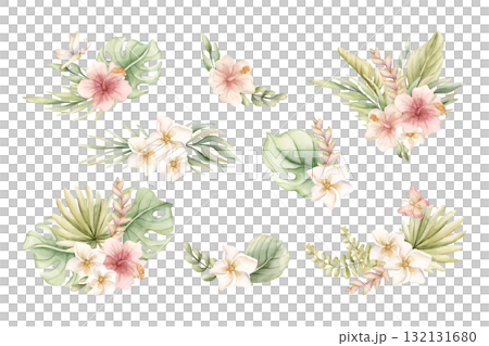 Tropical Hibiscus Plumeria Monstera Palm leaves arrangements set. Exotic African jungle flowers plants Watercolor hand painted summer floral isolated illustration on white background cute nursery baby Tropical Hibiscus Plumeria Monstera Palm leaves arrangements set. Exotic African jungle flowers plants Watercolor hand painted summer floral isolated illustration on white background cute nursery baby 132131680