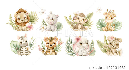Cute Tropical Animals and Exotic Plants Set. Watercolor hand painted summer pastel neutral illustration on white background for nursery safari design kids cloth textile fabric baby shower party cards 132131682
