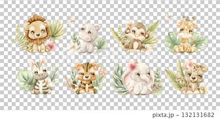 Cute Tropical Animals and Exotic Plants Set. Watercolor hand painted summer pastel neutral illustration on white background for nursery safari design kids cloth textile fabric baby shower party cards 132131682