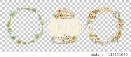 Cute Animals Plant Wreath Set. Safari Jungle Tropical Exotic leaves Watercolor hand painted summer pastel neutral isolated illustration on white background for nursery kids baby shower card logo label 132131686