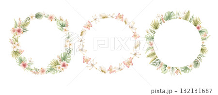 Tropical Exptic Leaves Flowers Butterfly Dragonfly Wreaths Set. Watercolor hand painted summer floral pastel neutral isolated illustration on white background for nursery kids baby card logo label 132131687