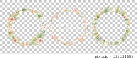 Tropical Exptic Leaves Flowers Butterfly Dragonfly Wreaths Set. Watercolor hand painted summer floral pastel neutral isolated illustration on white background for nursery kids baby card logo label 132131688