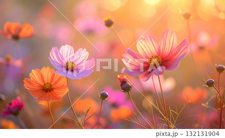 コスモスと夕日のようなキラキラした背景 132131904