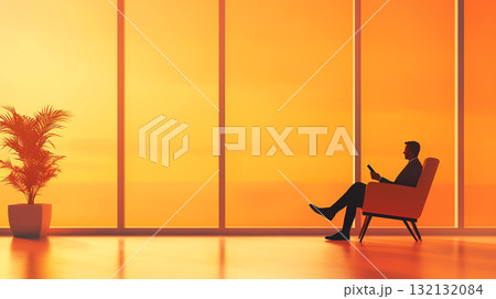 business traveler relaxes in lounge, using smartphone at sunset 132132084