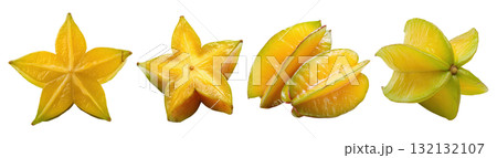 Set isolated fresh tropical fruit, ripe starfruit in various style, whole, half, sliced, pairs, on transparent background. Set isolated fresh tropical fruit, ripe starfruit in various style, whole, half, sliced, pairs, on transparent background. 132132107