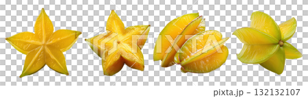 Set isolated fresh tropical fruit, ripe starfruit in various style, whole, half, sliced, pairs, on transparent background. Set isolated fresh tropical fruit, ripe starfruit in various style, whole, half, sliced, pairs, on transparent background. 132132107