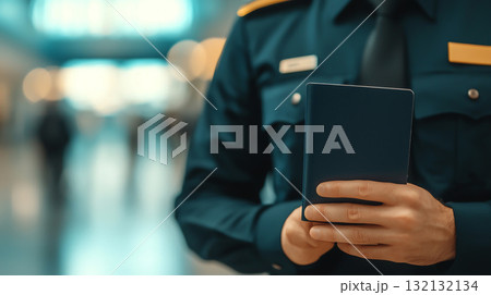 Close up of security officer holding passport at airport Close up of security officer holding passport at airport 132132134