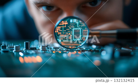 Electrical engineer examining circuit boards with magnifying glass 132132415