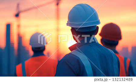 Construction workers observing sunset at building site, wearing helmets 132132489