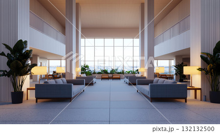 Modern lounge area in airport terminal with comfortable seating and plants 132132500